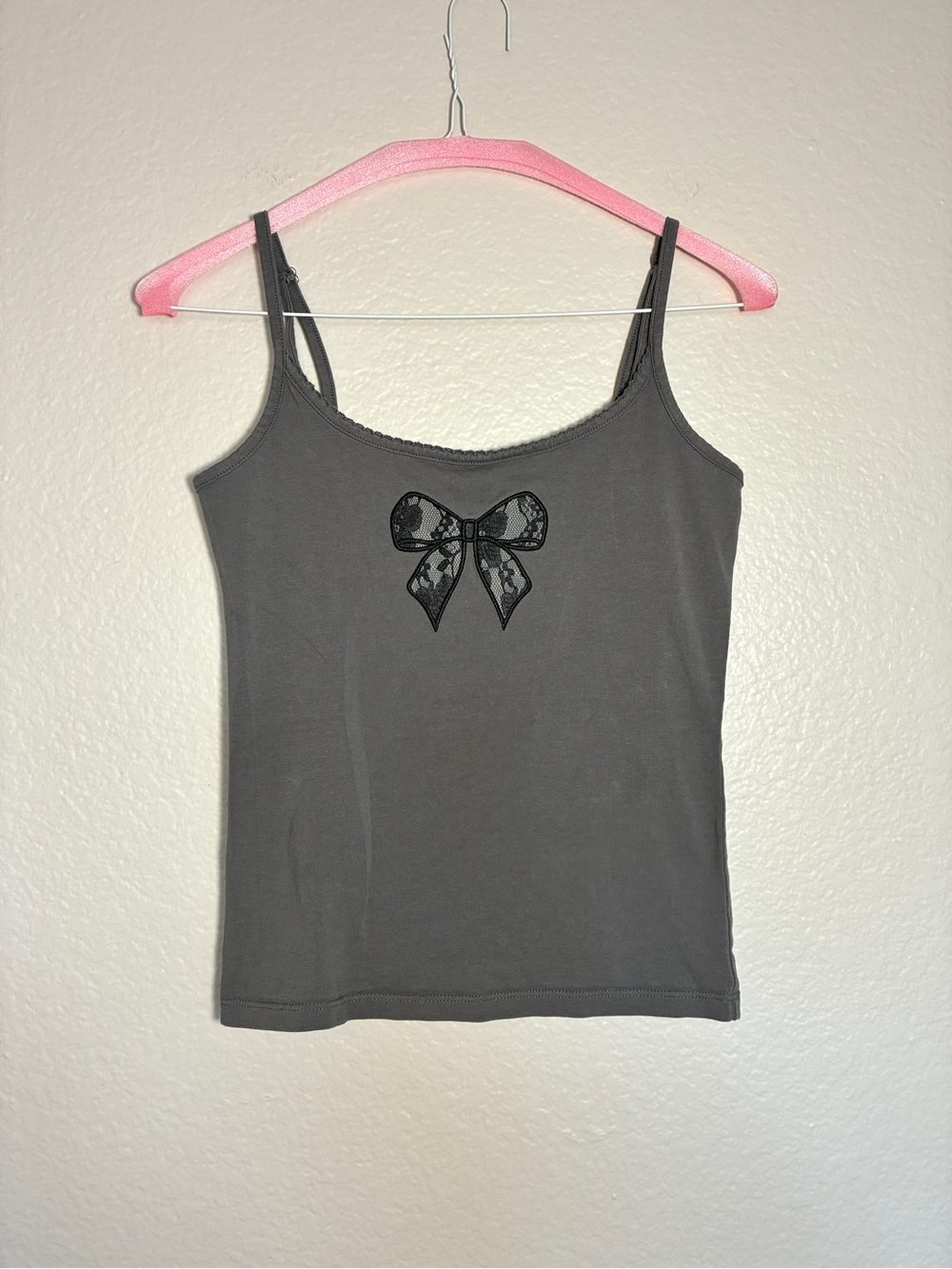 Lucky 777 XS Charcoal Gray Spaghetti Strap Tank Top with Lace Bow Y2K 2000s Cute